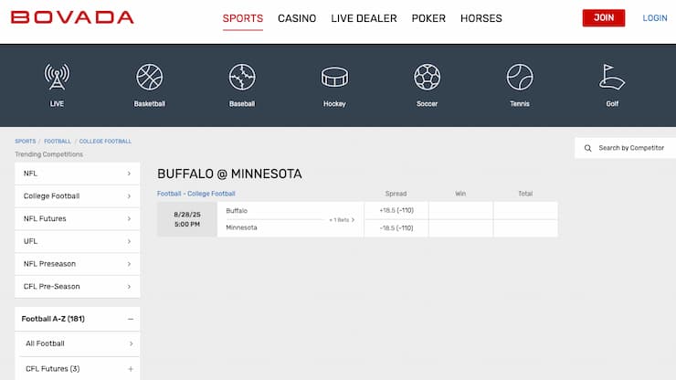 Odds display from Bovada, a major player among South Dakota online sportsbooks.